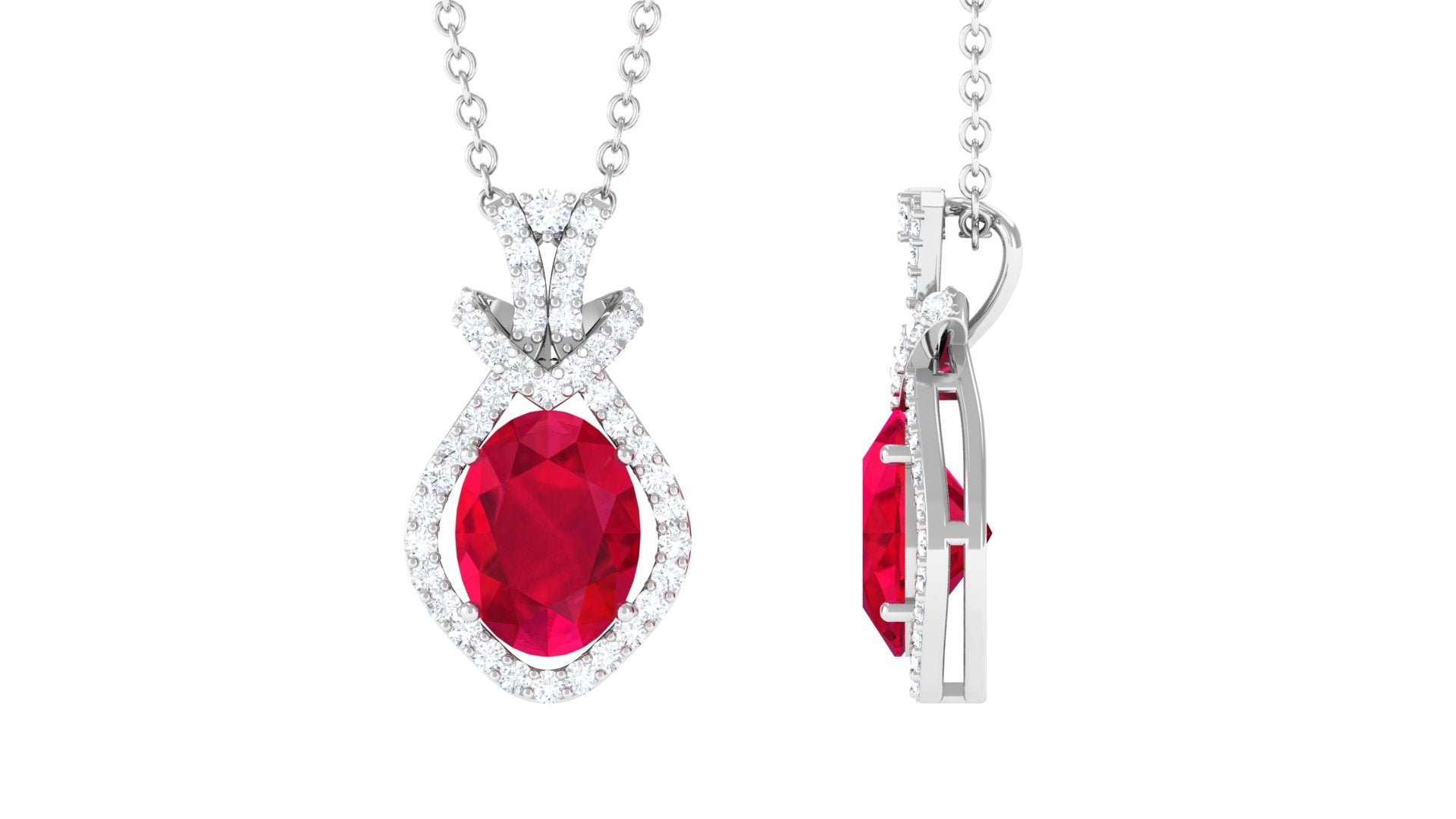 Vibrant Grown Labs-Oval Shape Created Ruby Art Deco Pendant Necklace with Accent