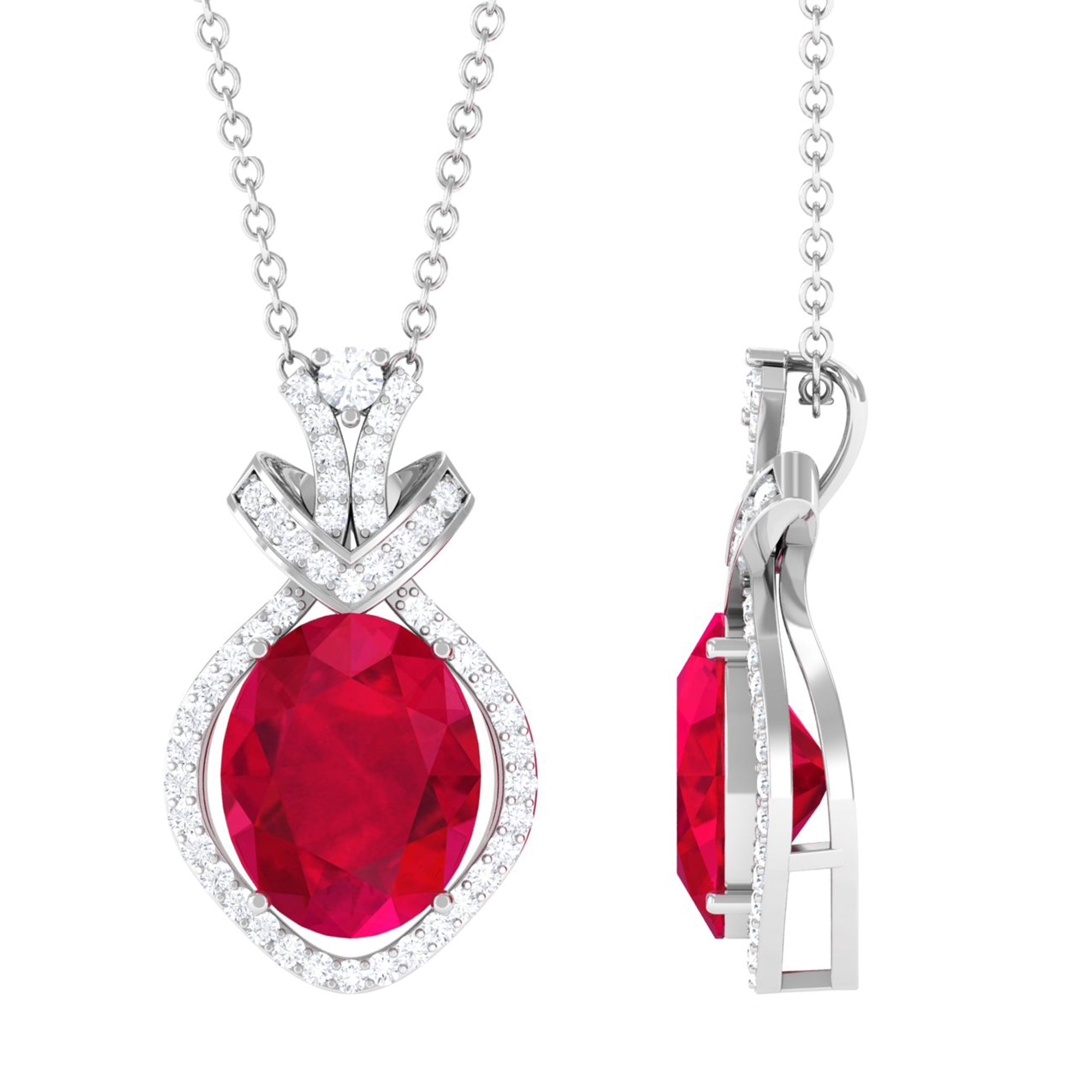 Vibrant Grown Labs-Oval Shape Created Ruby Art Deco Pendant Necklace with Accent