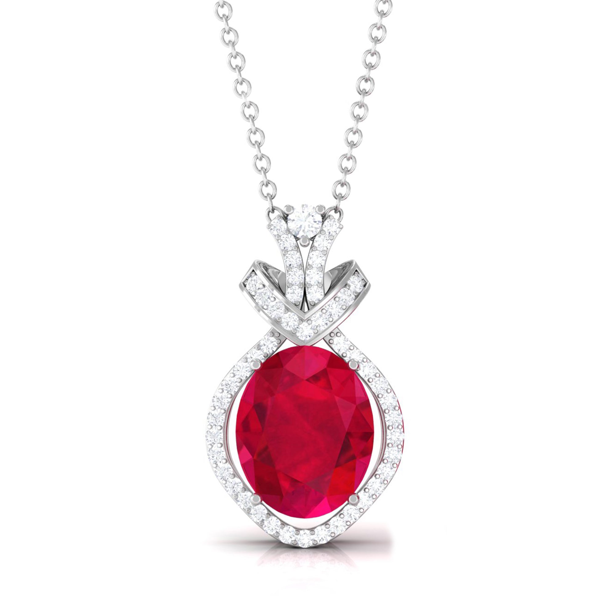 Vibrant Grown Labs-Oval Shape Created Ruby Art Deco Pendant Necklace with Accent